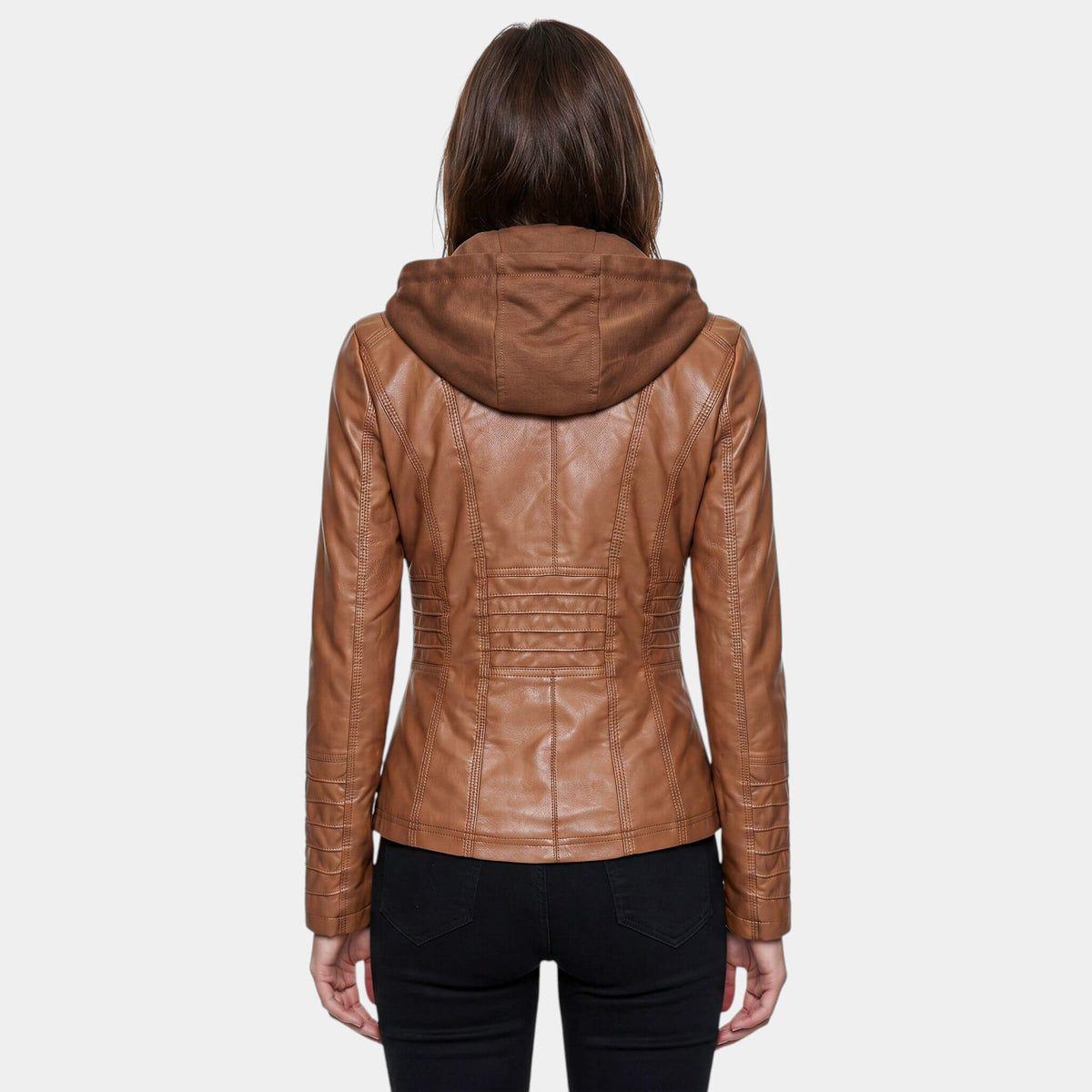 Women's Hooded Panelled Jacket in Brown – back view on model | Hensley London