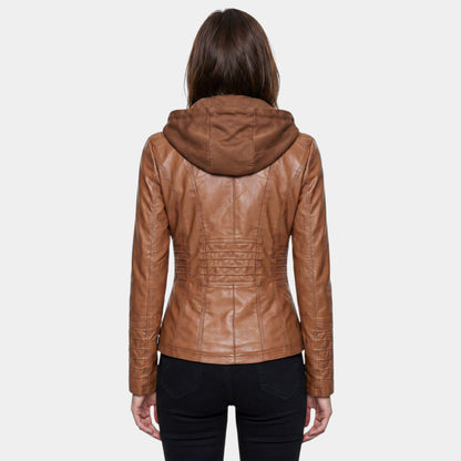 Women's Hooded Panelled Jacket in Brown – back view on model | Hensley London