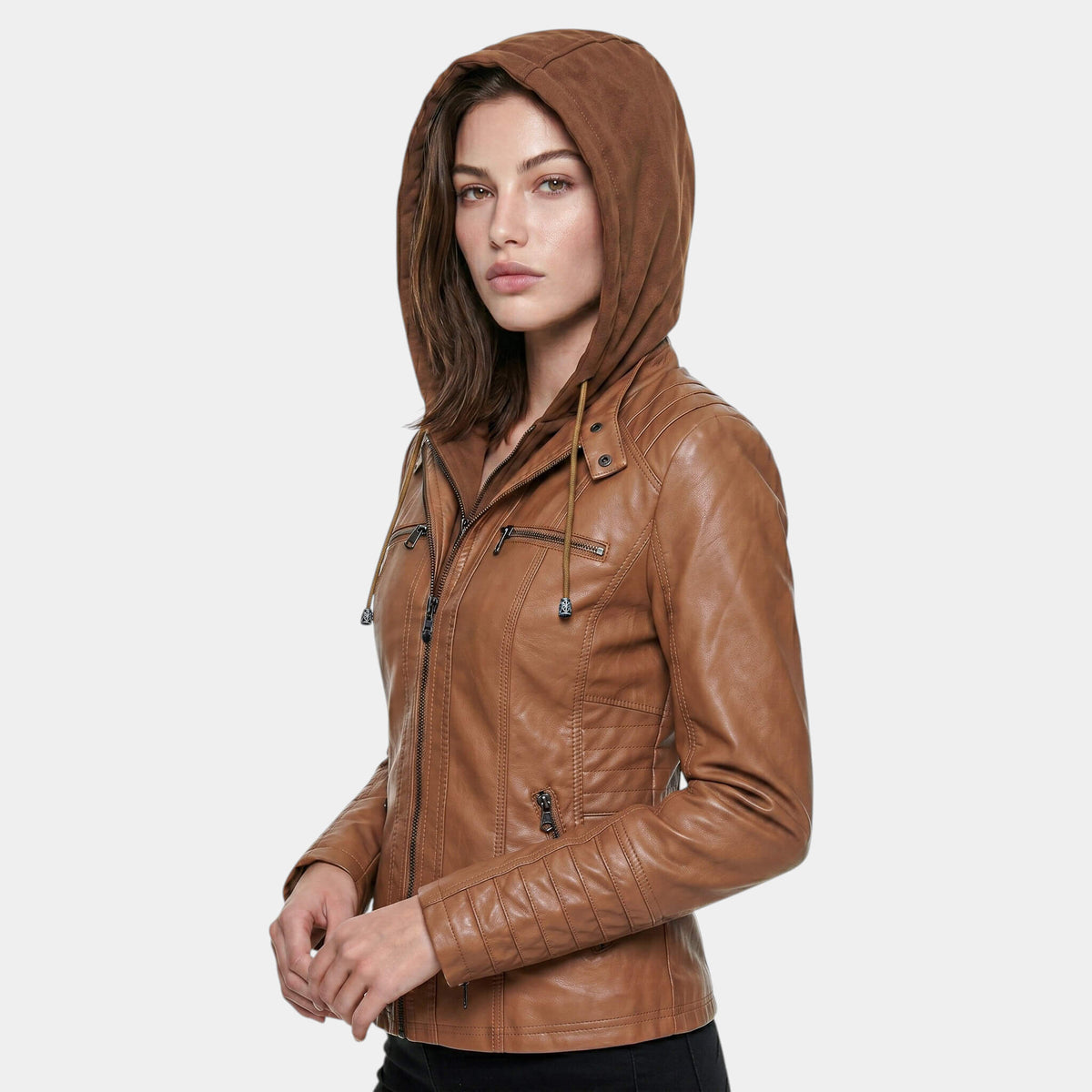 Women's Hooded Panelled Jacket in Brown – hood-up three-quarter view | Hensley London