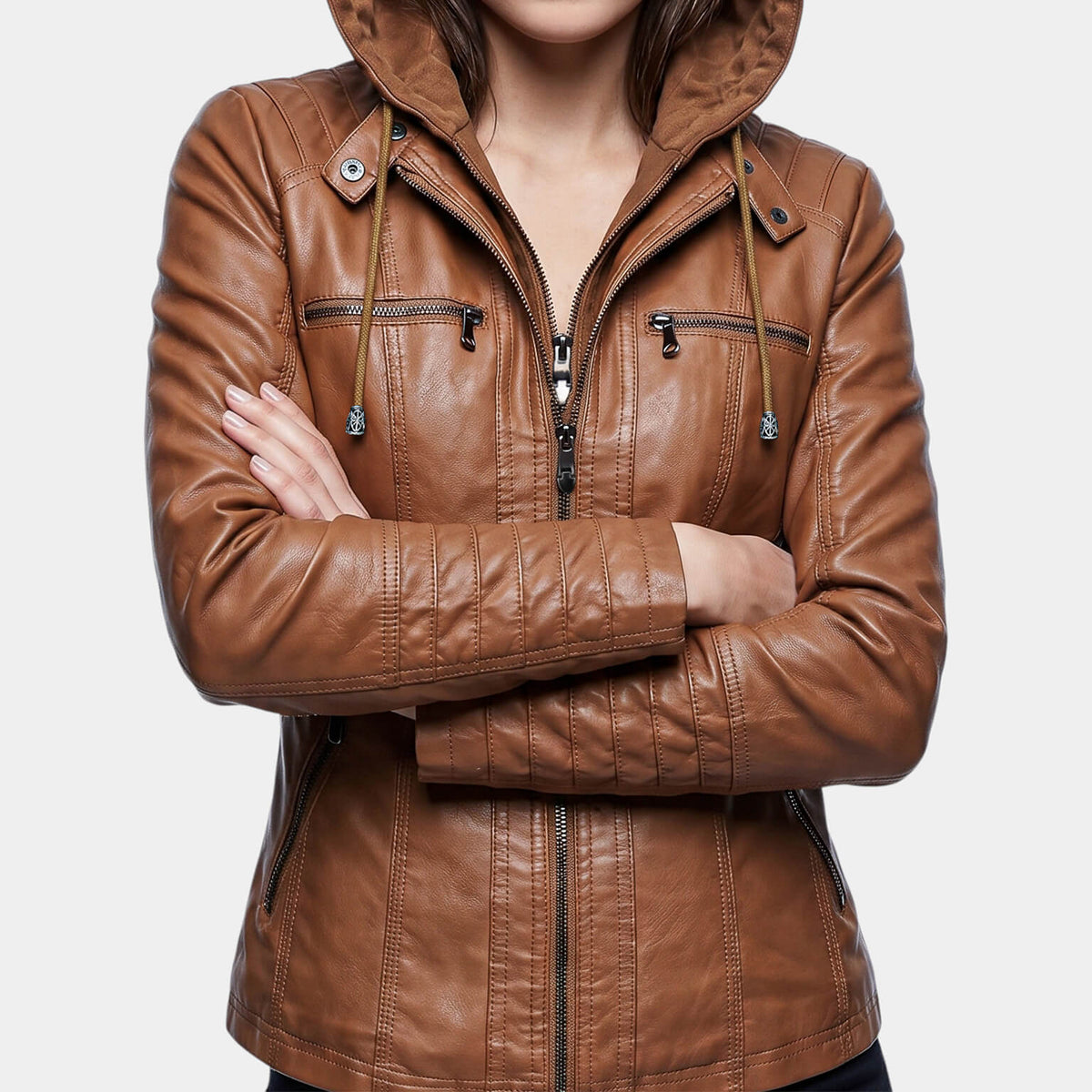 Women's Hooded Panelled Jacket in Brown – front seam and sleeve detail | Hensley London