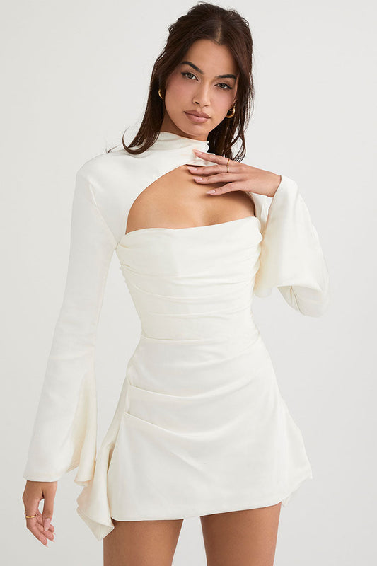 Women's Mini Dress White Cotton Polyester Long Sleeve-1