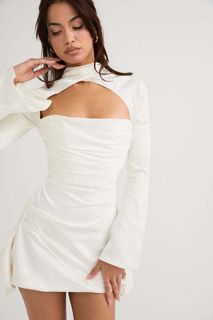 Women's Mini Dress White Cotton Polyester Long Sleeve-2