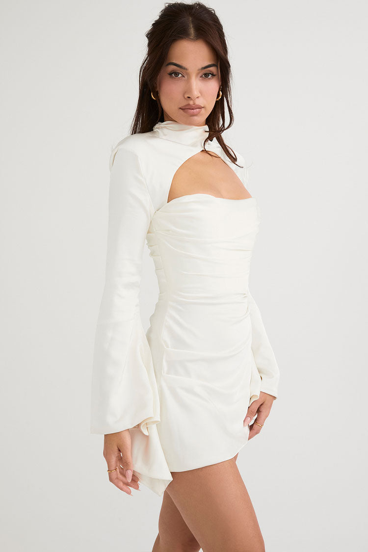Women's Mini Dress White Cotton Polyester Long Sleeve-3