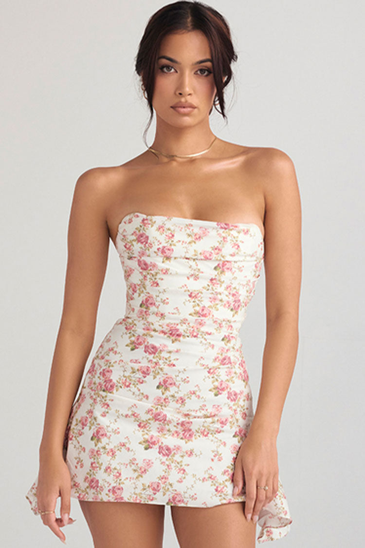 Women's Mini Dress Floral Satin Strapless Summer Cocktail-1