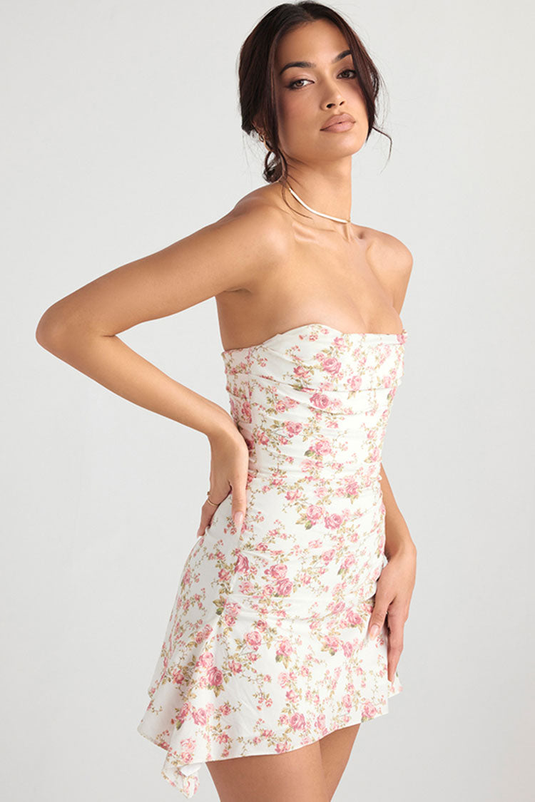 Women's Mini Dress Floral Satin Strapless Summer Cocktail-4