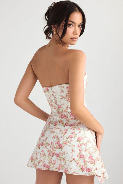 Women's Mini Dress Floral Satin Strapless Summer Cocktail-5