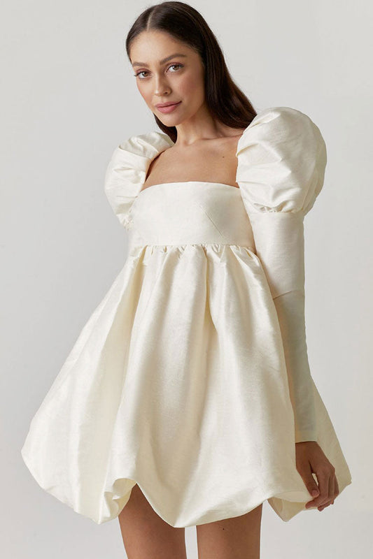 Women's Mini Dress Beige Satin Puff Sleeve-1