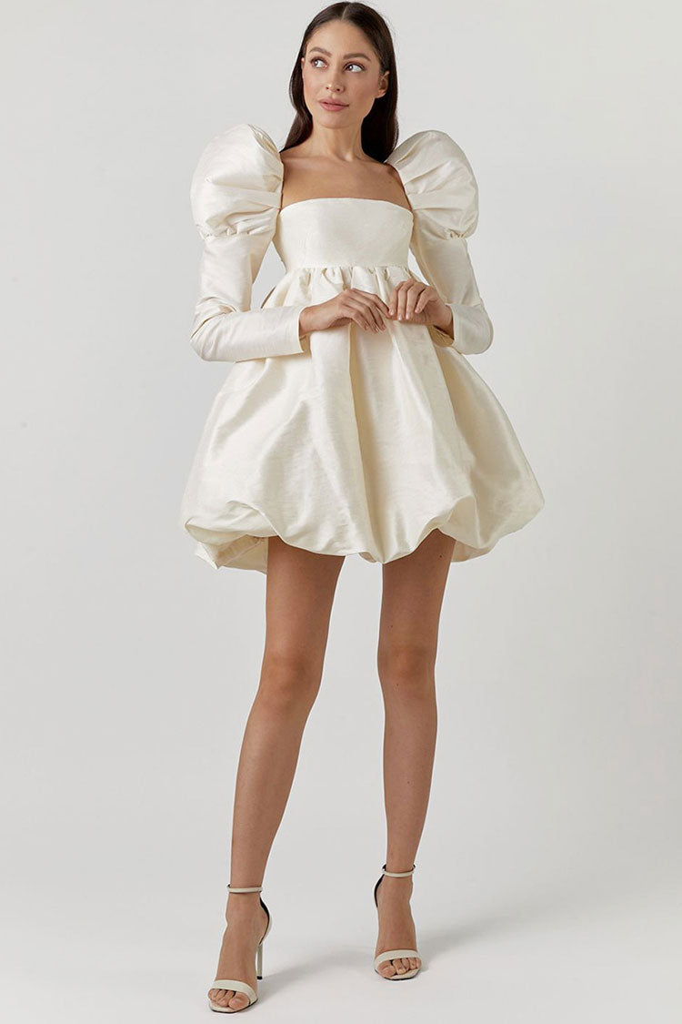 Women's Mini Dress Beige Satin Puff Sleeve-3
