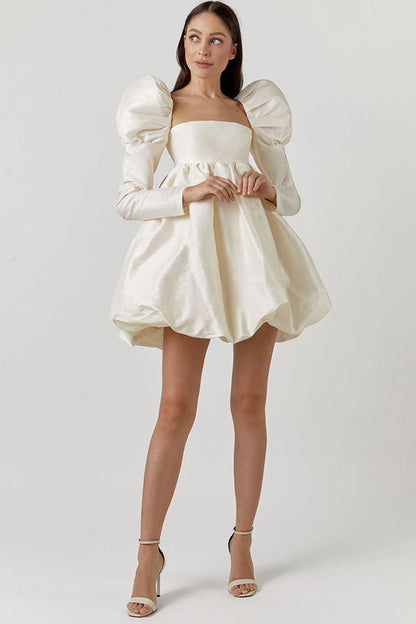 Women's Mini Dress Beige Satin Puff Sleeve-3