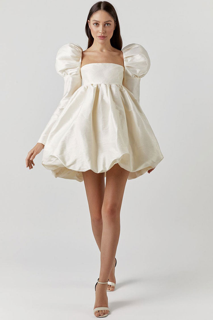 Women's Mini Dress Beige Satin Puff Sleeve-4