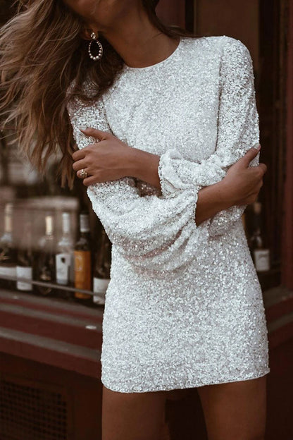 Women's Mini Dress White Sequin Long Sleeve Sheath-1