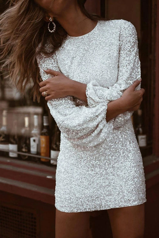 Women's Mini Dress White Sequin Long Sleeve Sheath-1