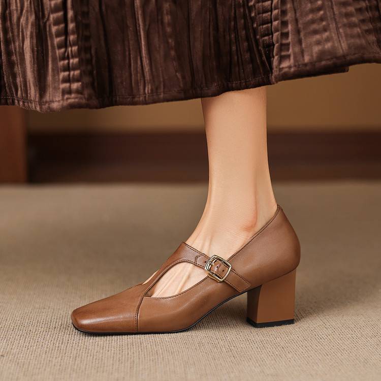 Women's Square-Toe T-Bar Block Heels – product view | Hensley London