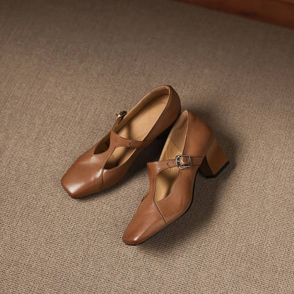 Women's Square-Toe T-Bar Block Heels – product view | Hensley London