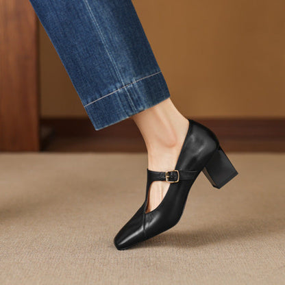 Women's Square-Toe T-Bar Block Heels – product view | Hensley London