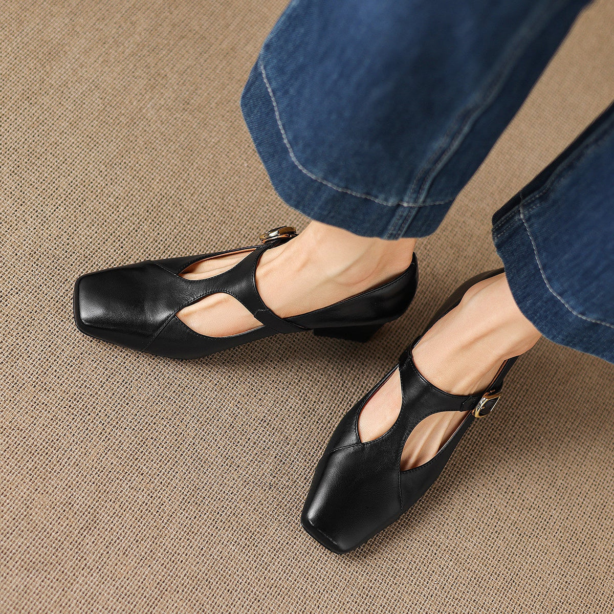 Women's Square-Toe T-Bar Block Heels – product view | Hensley London