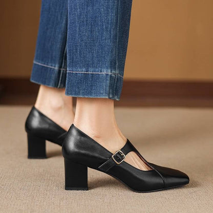 Women's Square-Toe T-Bar Block Heels – product view | Hensley London