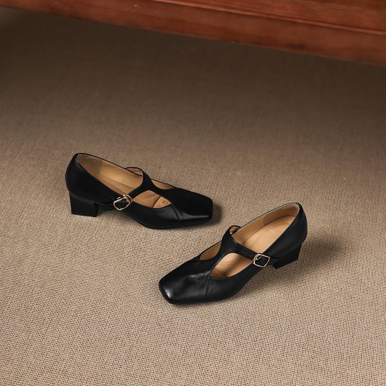 Women's Square-Toe T-Bar Block Heels – product view | Hensley London