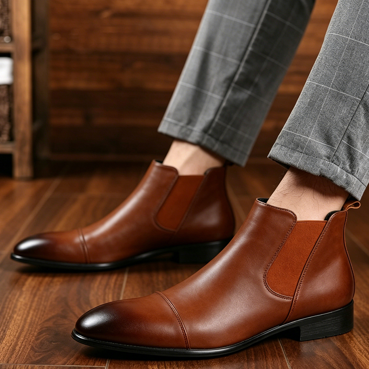 Men's Leather Chelsea Boots – Elastic Side Panels – Additional product view | Hensley London