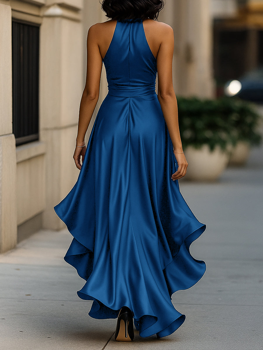 Women's Satin Halter Ruffle High-Low Maxi Dress – Additional product view | Hensley London
