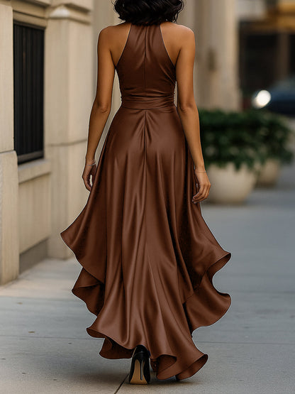 Women's Satin Halter Ruffle High-Low Maxi Dress – Additional product view | Hensley London