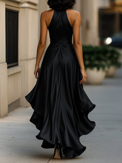 Women's Satin Halter Ruffle High-Low Maxi Dress – Additional product view | Hensley London