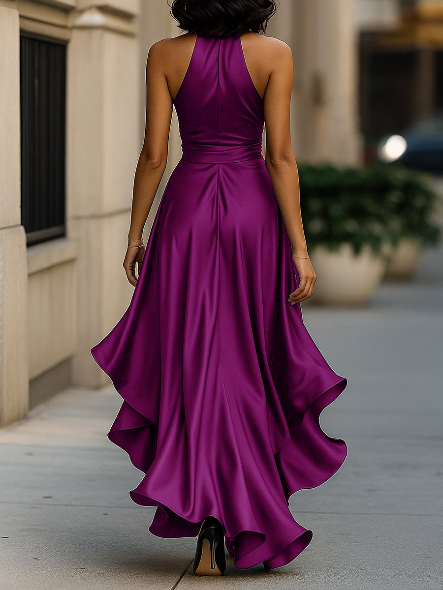 Women's Satin Halter Ruffle High-Low Maxi Dress – Additional product view | Hensley London