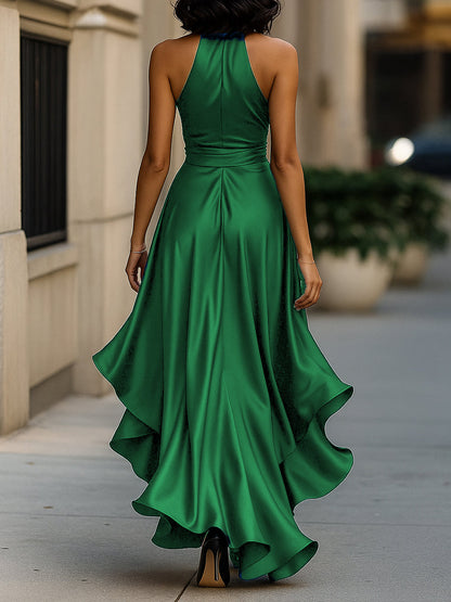 Women's Satin Halter Ruffle High-Low Maxi Dress – Additional product view | Hensley London