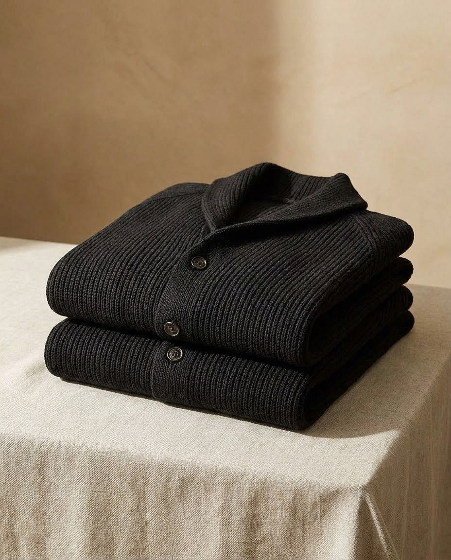 Men's Shawl-Collar Knit Cardigan in Black – folded view | Hensley London