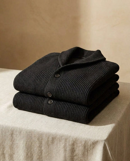 Men's Shawl-Collar Knit Cardigan in Black – folded view | Hensley London