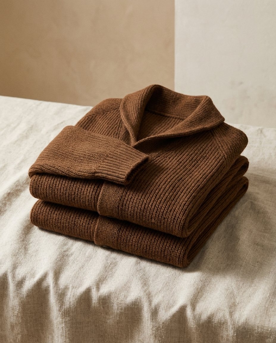Men's Shawl-Collar Knit Cardigan in Coffee – folded view | Hensley London