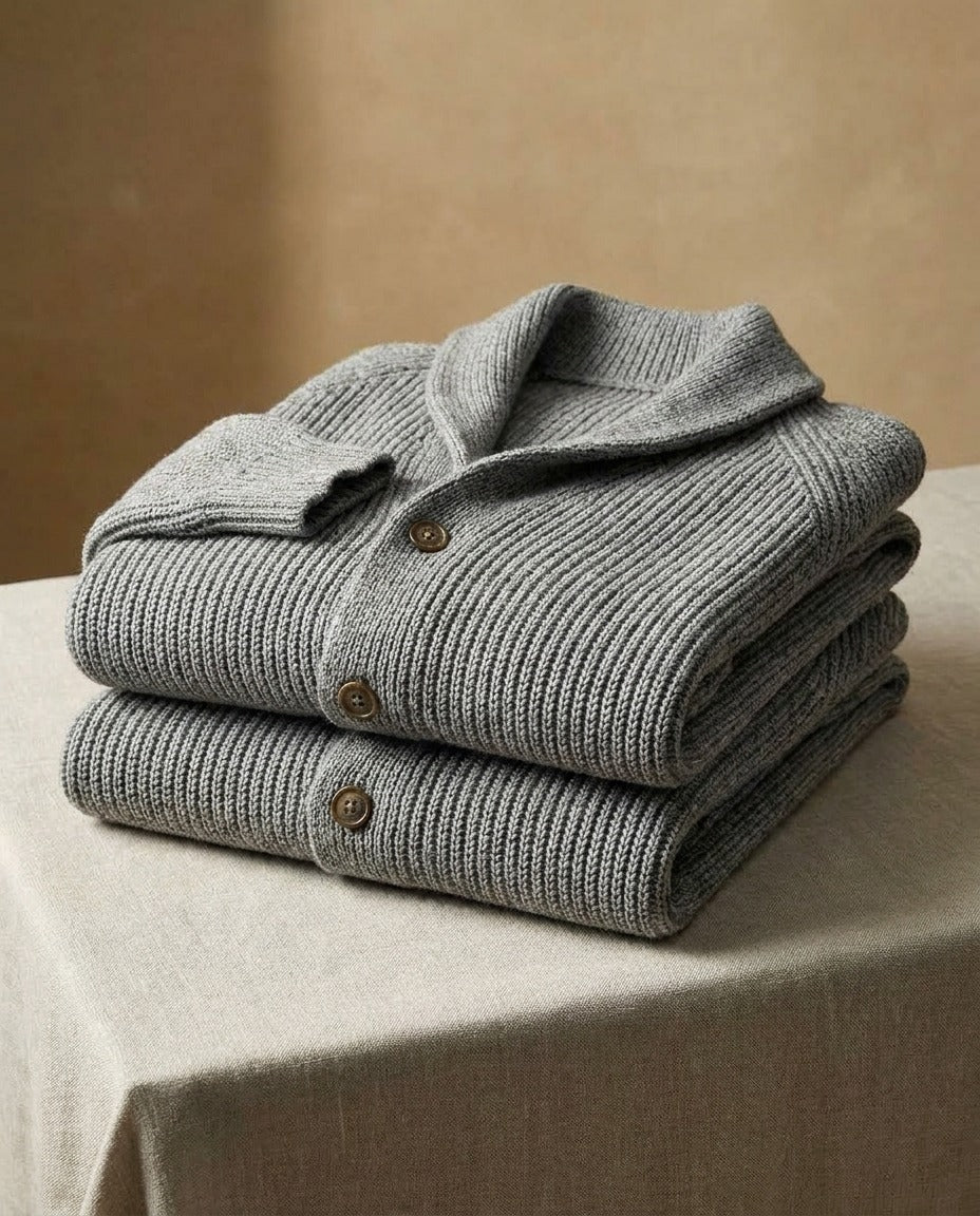 Men's Shawl-Collar Knit Cardigan in Grey – folded view | Hensley London