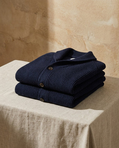 Men's Shawl-Collar Knit Cardigan in Navy Blue – folded view | Hensley London
