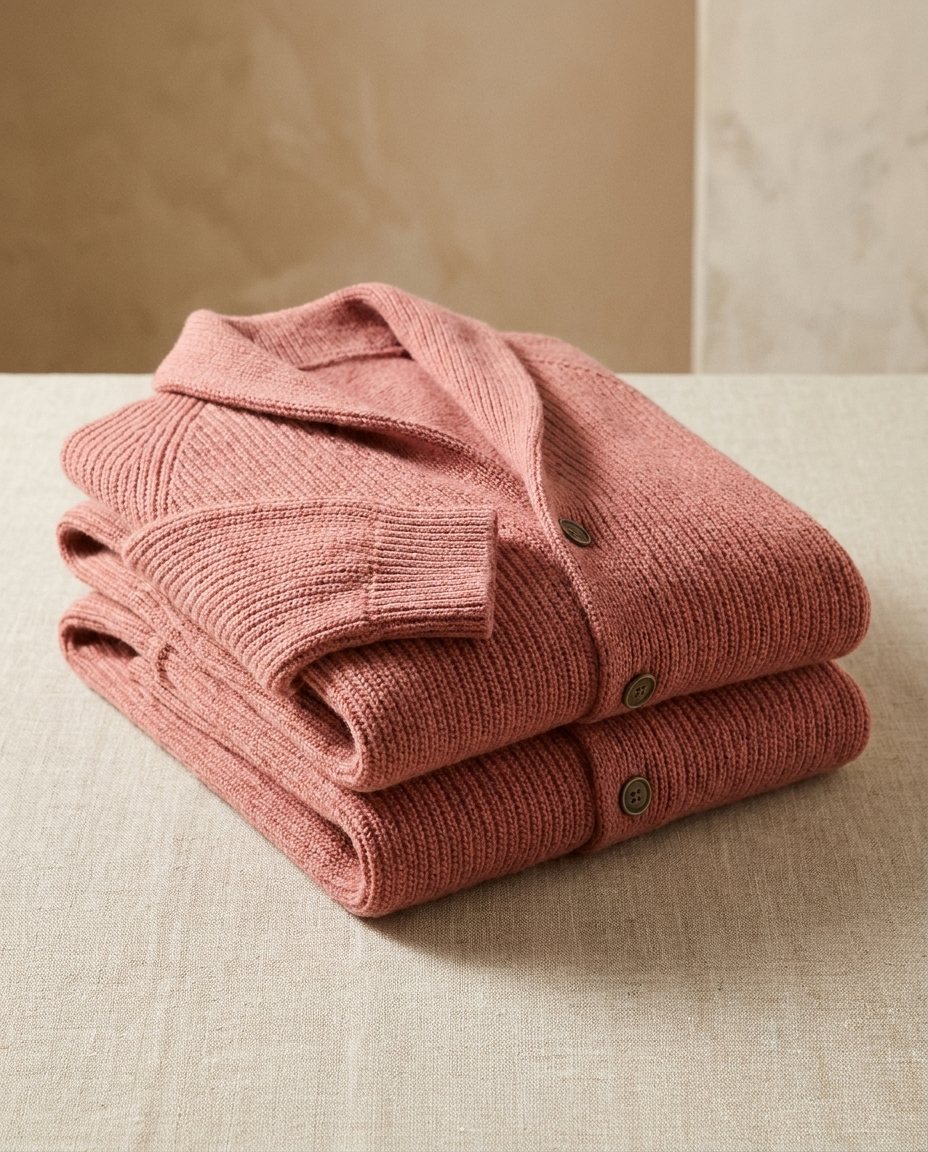 Men's Shawl-Collar Knit Cardigan in Salmon – folded view | Hensley London