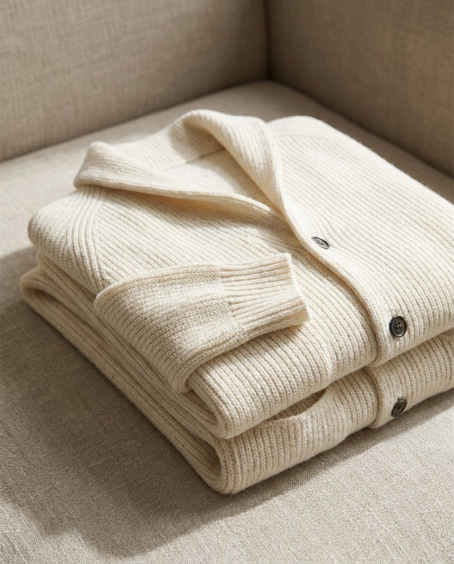 Men's Shawl-Collar Knit Cardigan in Beige – folded view | Hensley London