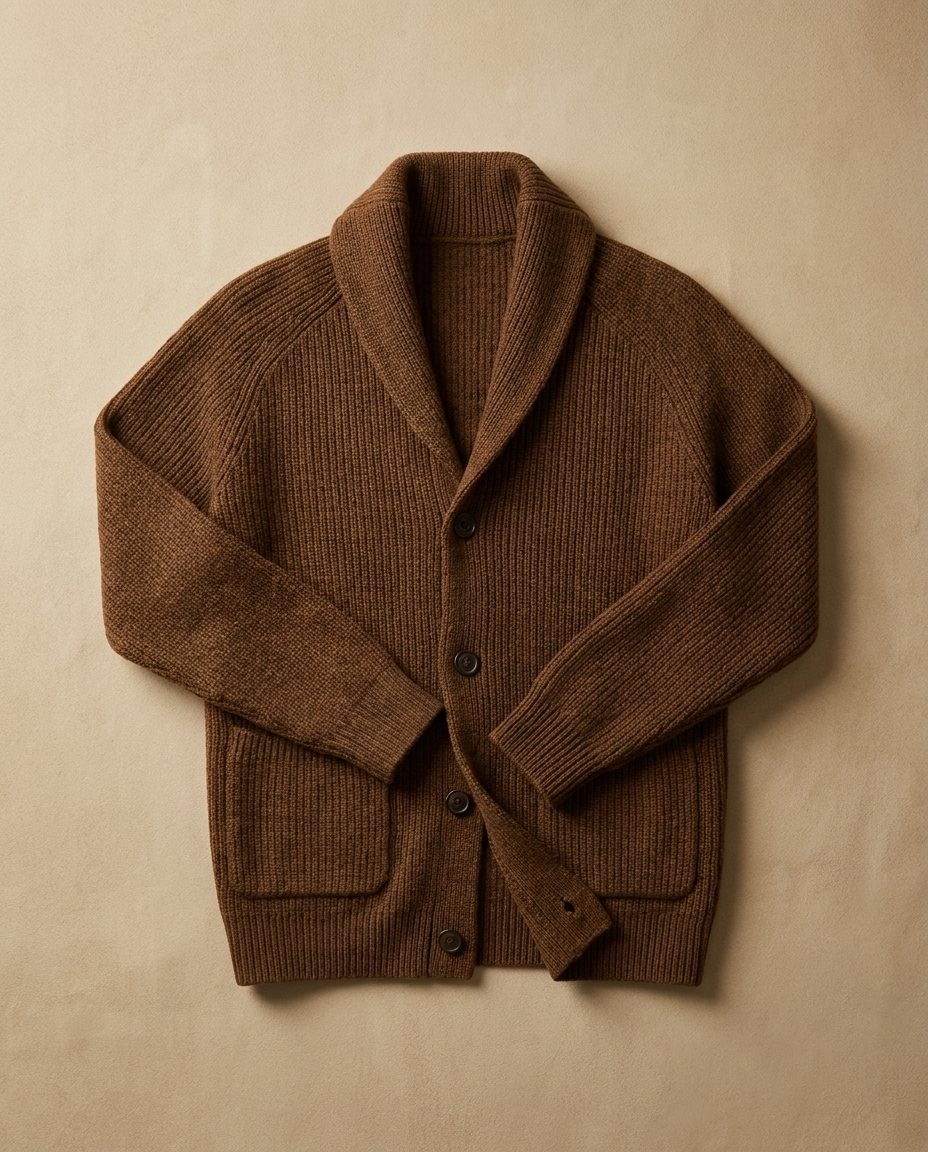 Men's Shawl-Collar Knit Cardigan in Coffee – laid-flat front view | Hensley London