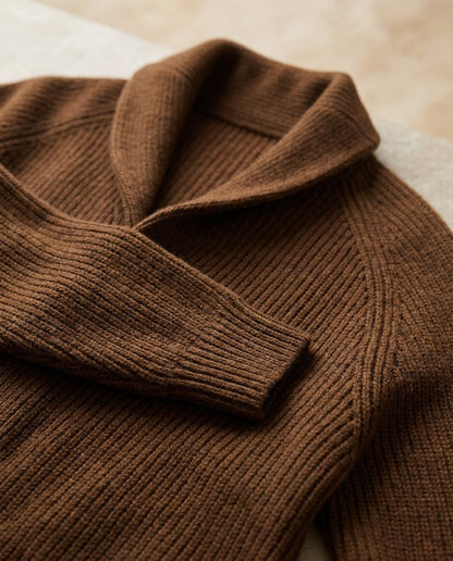 Men's Shawl-Collar Knit Cardigan in Coffee – collar and knit detail | Hensley London