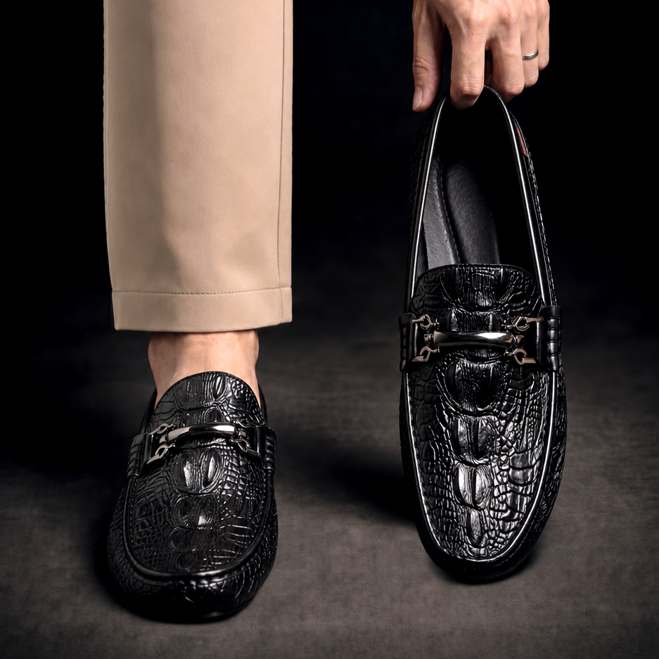 Men's Croc-Effect Bit Loafers in Black – worn and held front view | Hensley London