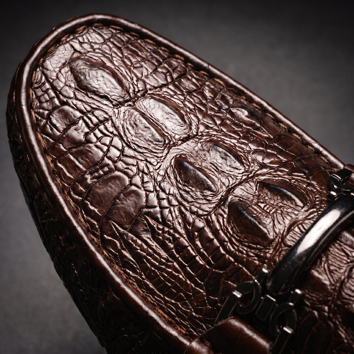 Men's Croc-Effect Bit Loafers in Brown – toe texture close-up | Hensley London