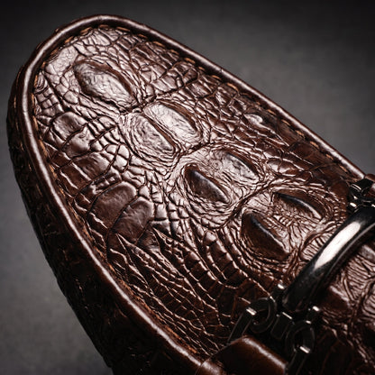 Men's Croc-Effect Bit Loafers in Brown – toe texture close-up | Hensley London