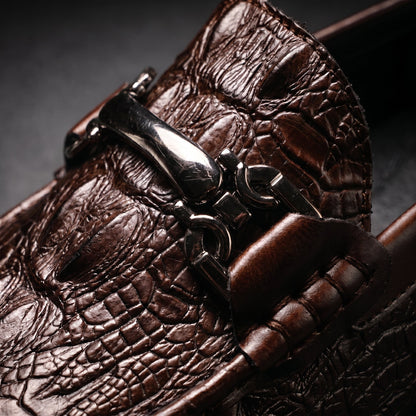 Men's Croc-Effect Bit Loafers in Brown – metal bit close-up | Hensley London