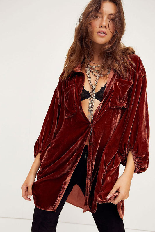 Women's Shirt Dress Rust Velvet High Low Vintage Bishop Sleeves-1
