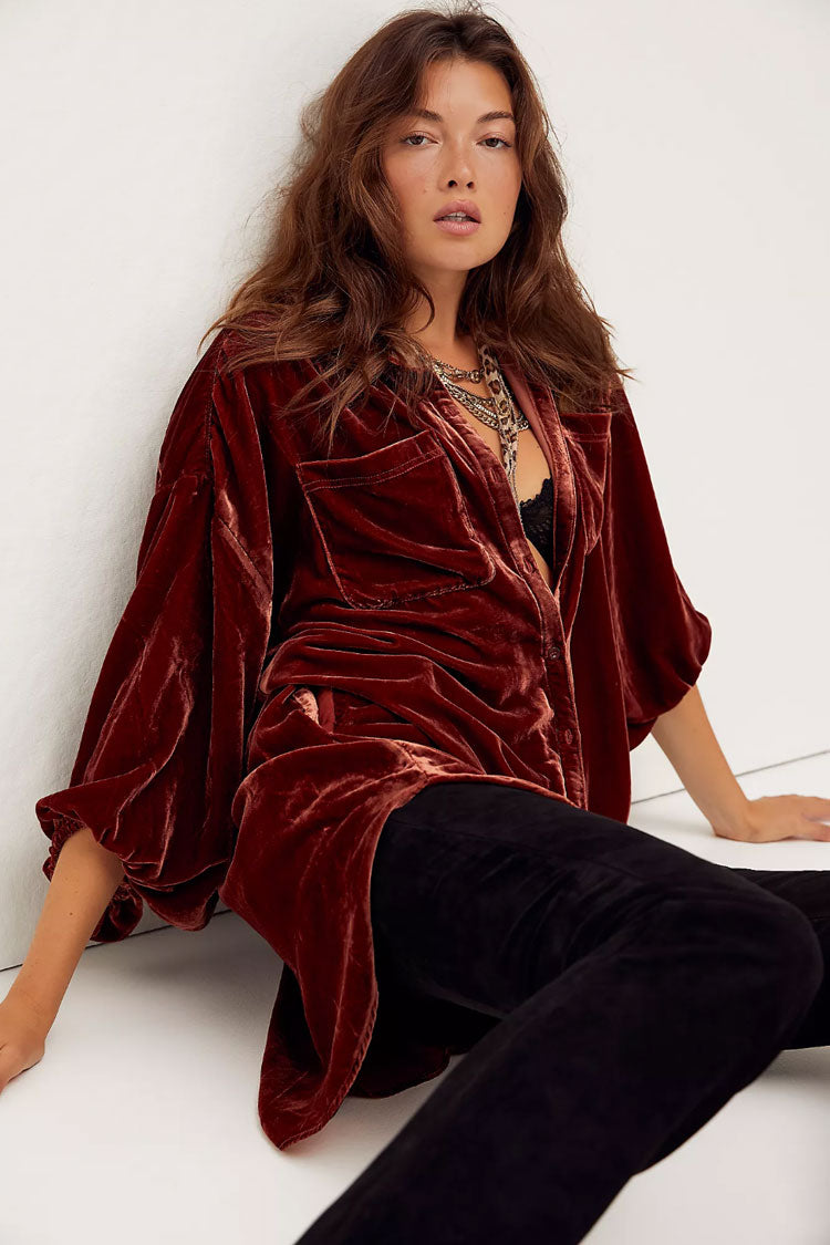 Women's Shirt Dress Rust Velvet High Low Vintage Bishop Sleeves-2