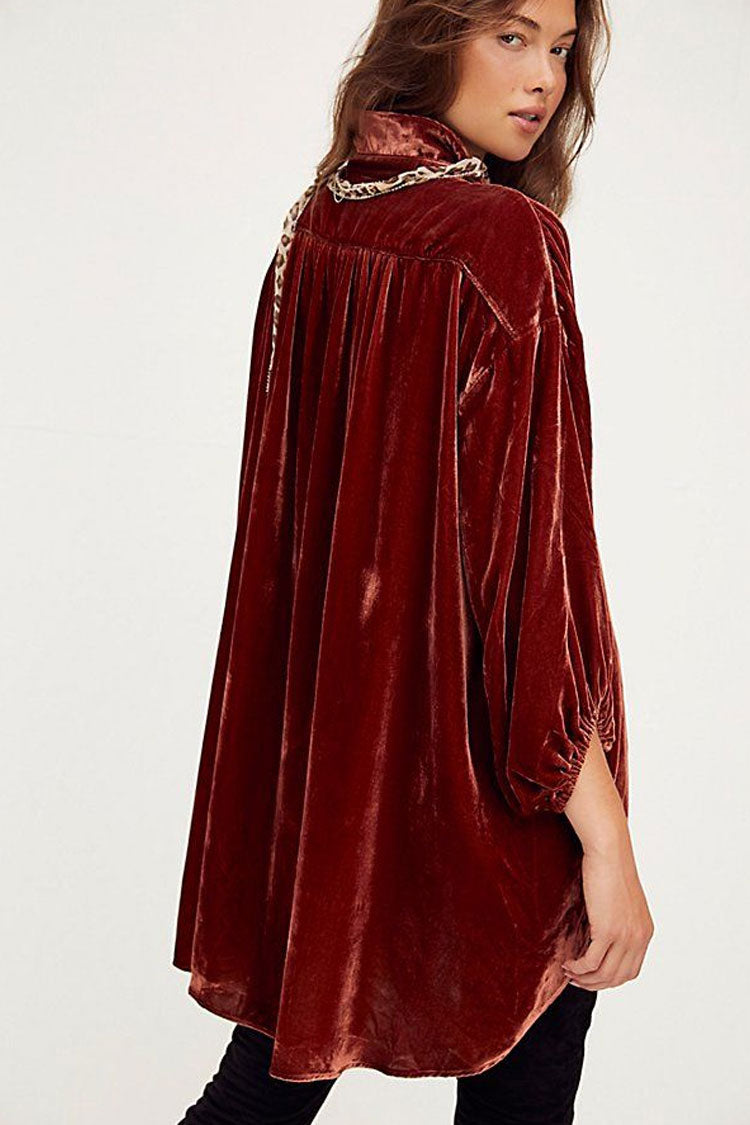 Women's Shirt Dress Rust Velvet High Low Vintage Bishop Sleeves-3