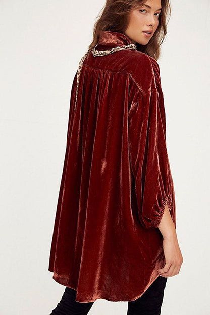 Women's Shirt Dress Rust Velvet High Low Vintage Bishop Sleeves-3