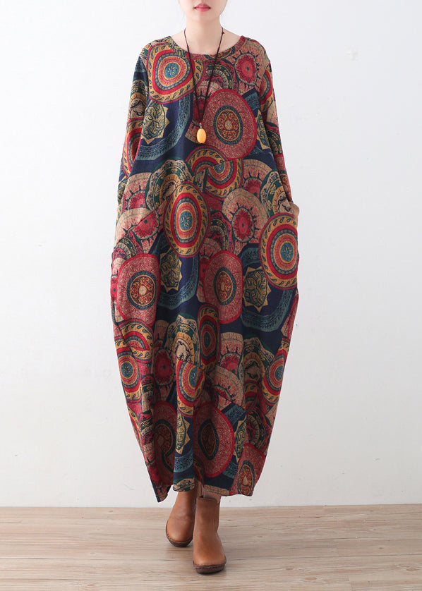 Women's Sweater Dress Blue Red Print Plus Size Cotton - 1