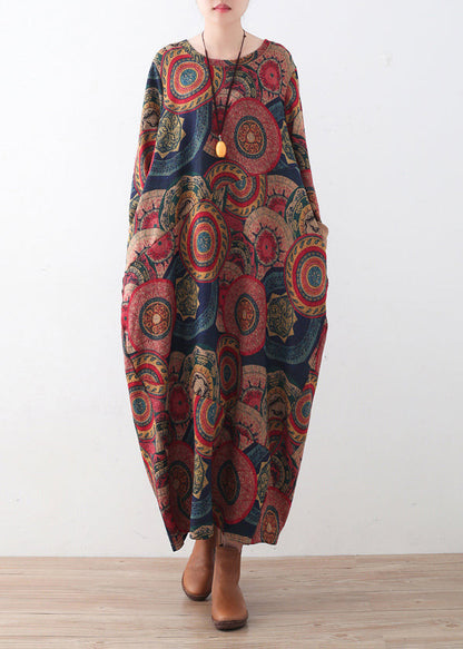 Women's Sweater Dress Blue Red Print Plus Size Cotton - 1