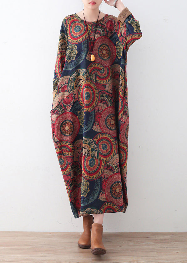 Women's Sweater Dress Blue Red Print Plus Size Cotton - 2