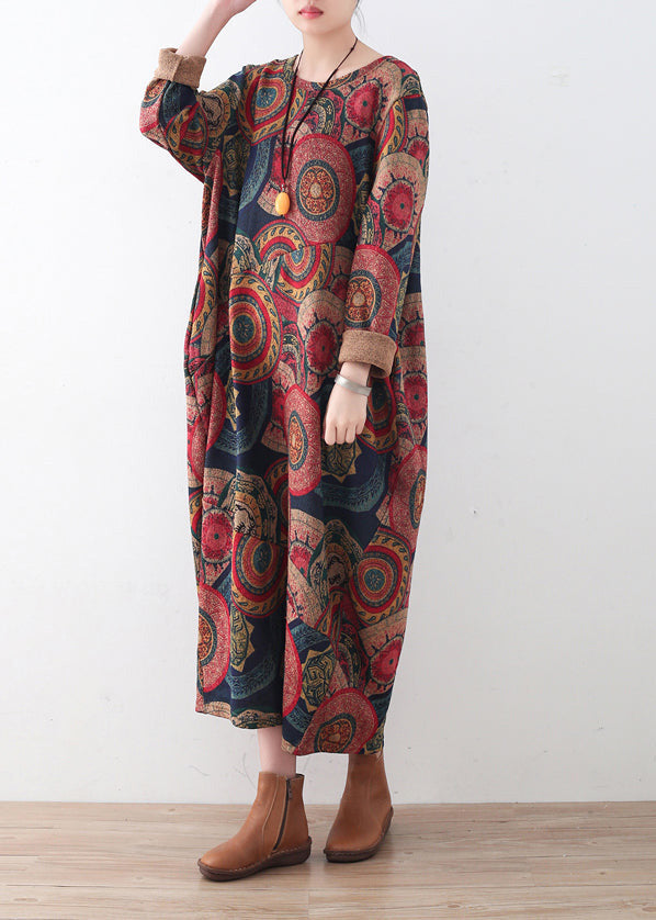 Women's Sweater Dress Blue Red Print Plus Size Cotton - 3