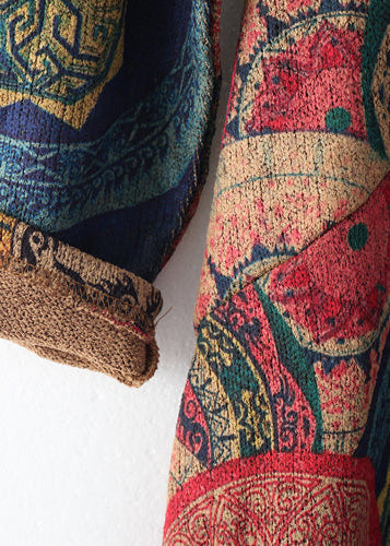 Women's Sweater Dress Blue Red Print Plus Size Cotton - 5